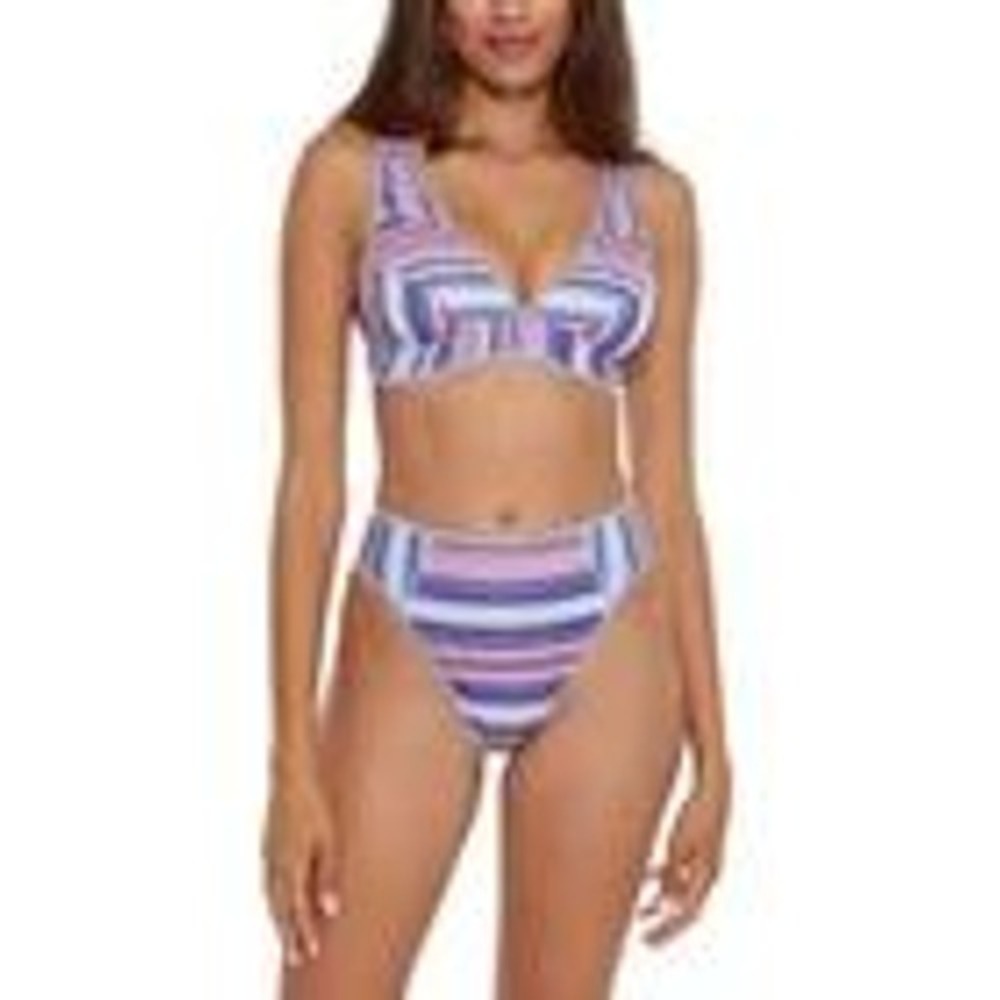 NEW BECCA Bikini Sz S Blue Striped South Coast Teagan Metallic High‎ Waist